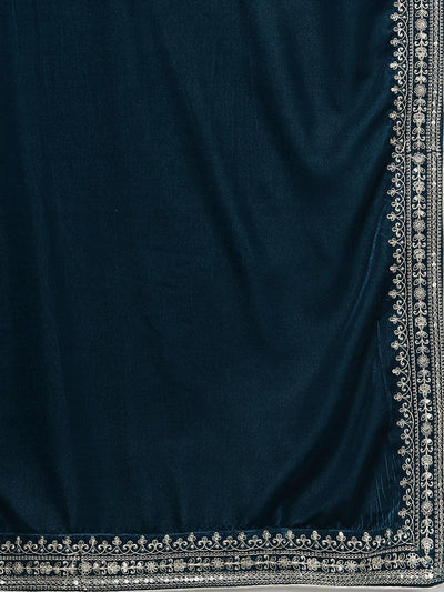 Teal Embroidered Velvet A-Line Suit Set - Libas