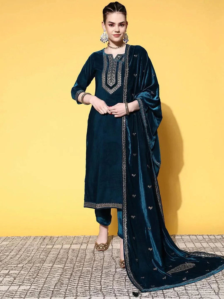 Libas Teal Embroidered Velvet Straight Kurta With Dupatta