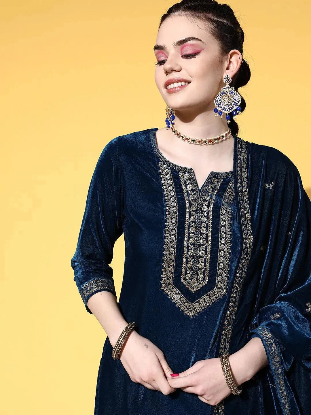 

Teal Embroidered Velvet Straight Kurta With Dupatta