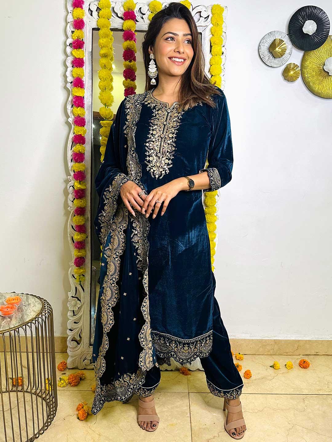 Teal Embroidered Velvet Straight Kurta With Trousers & Dupatta