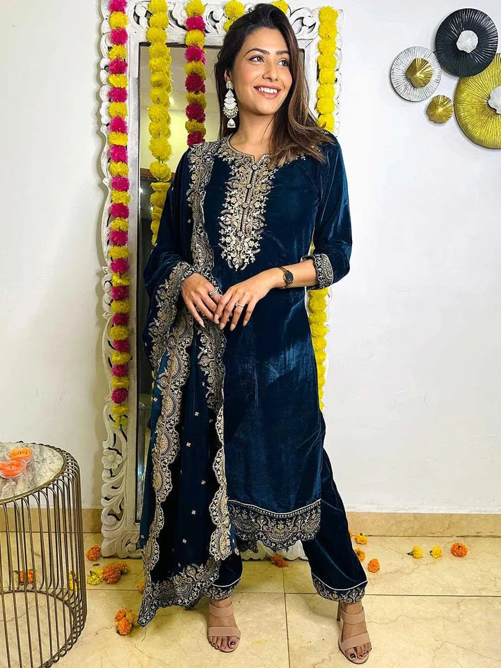 Teal Embroidered Velvet Straight Suit Set - Libas