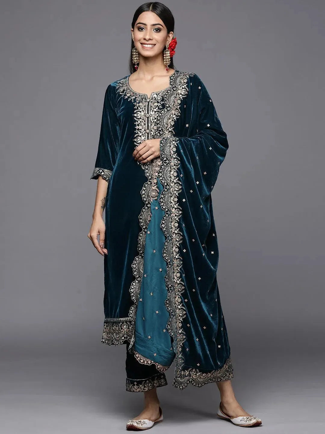 Teal Embroidered Velvet Straight Suit Set - Libas