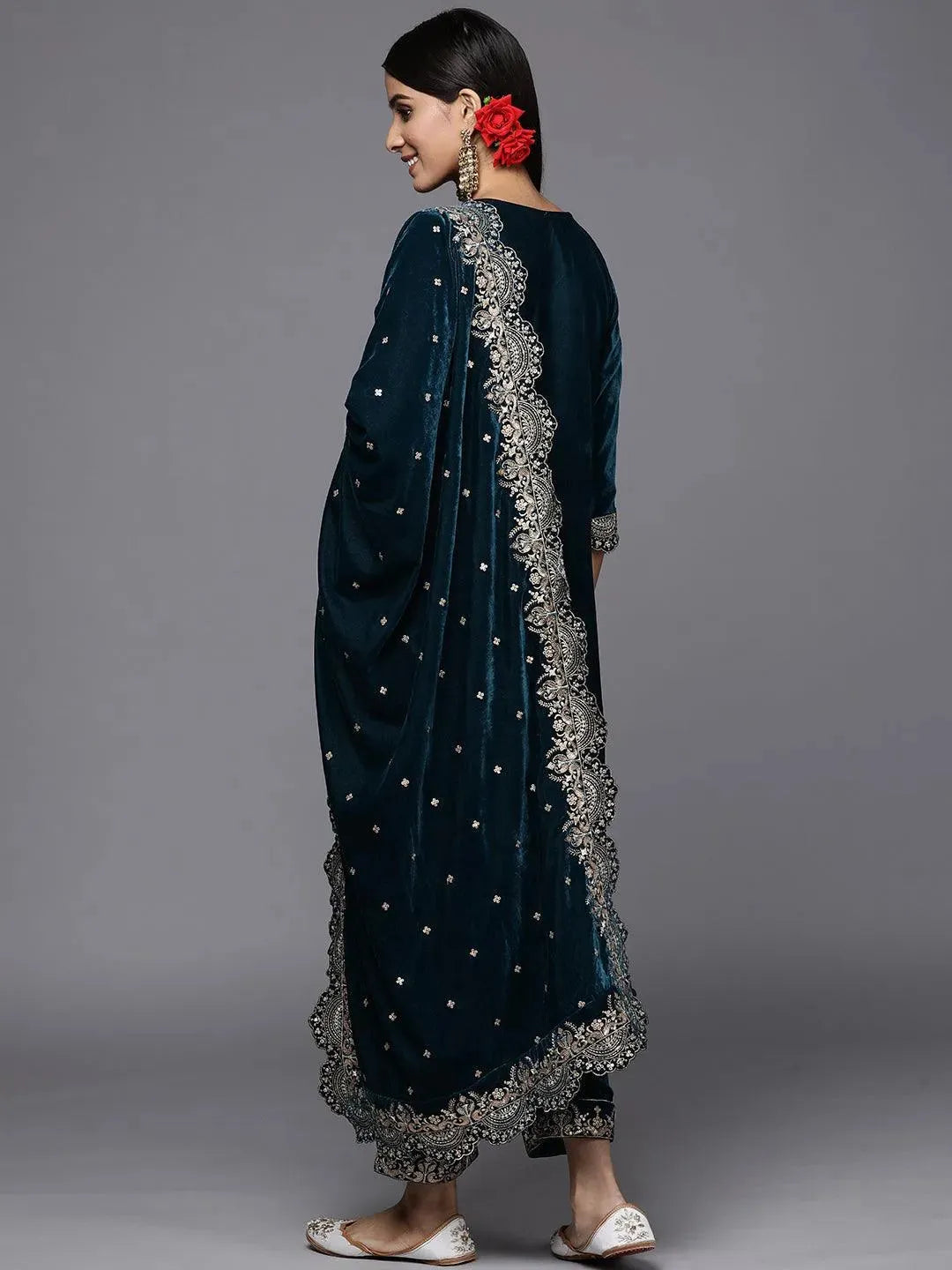 Teal Embroidered Velvet Straight Suit Set - Libas 
