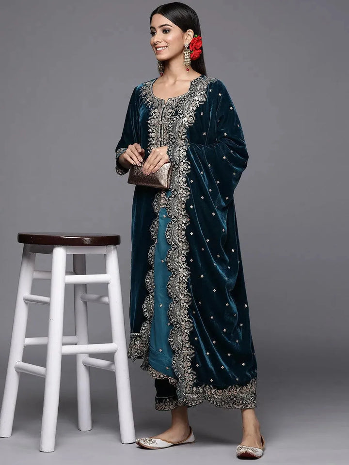 Teal Embroidered Velvet Straight Suit Set - Libas