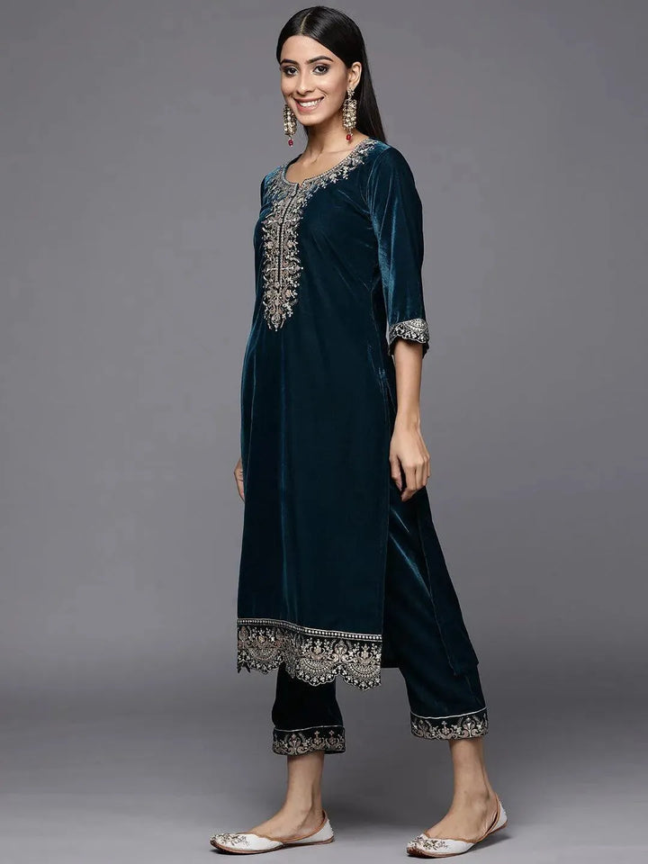 Teal Embroidered Velvet Straight Suit Set - Libas