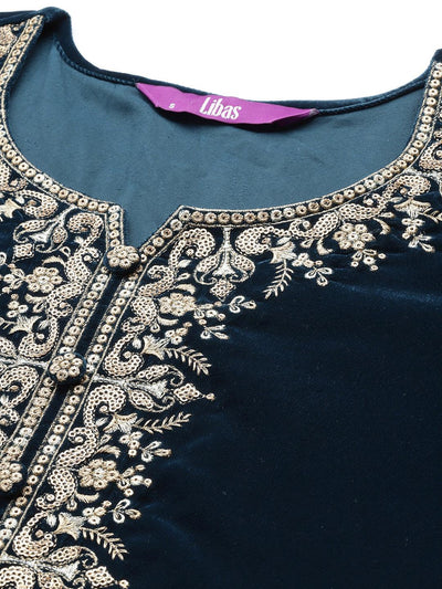 Teal Embroidered Velvet Straight Suit Set - Libas