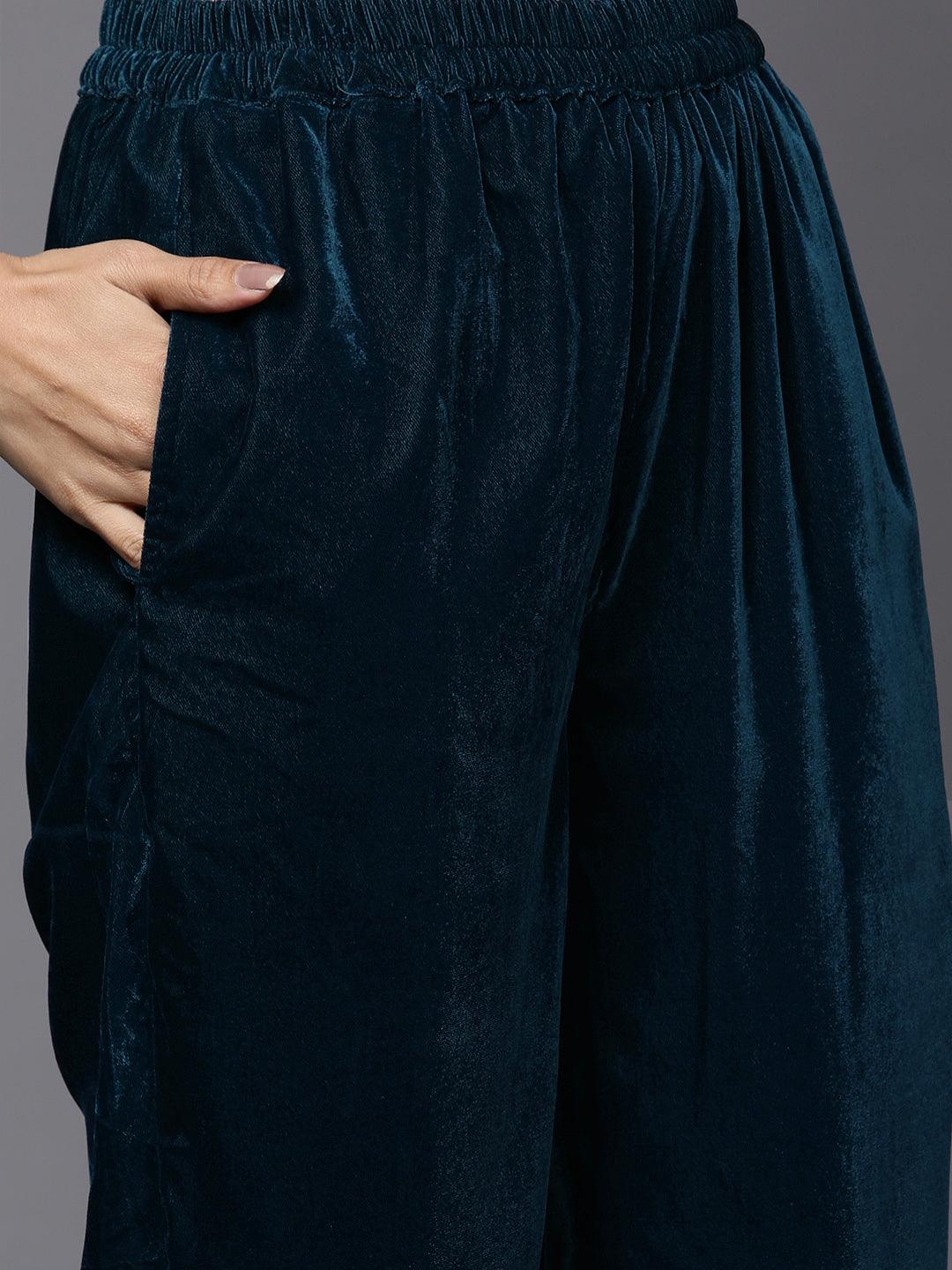 Teal Embroidered Velvet Straight Suit Set - Libas