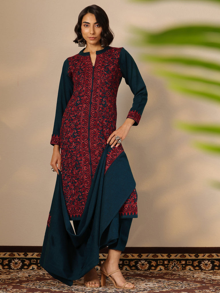 Libas Teal Embroidered Wool Straight Suit Set With Dupatta