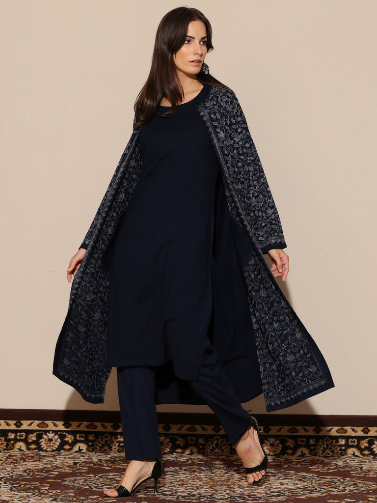 Libas Navy Blue Embroidered Wool Straight Kurta Set