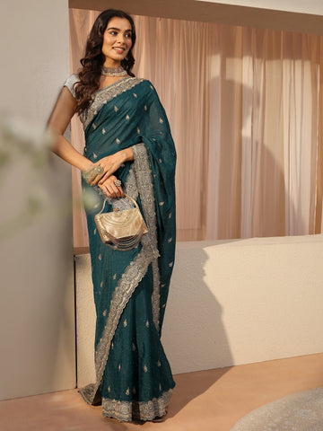 Teal Ethnic Embroidered Tissue Saree