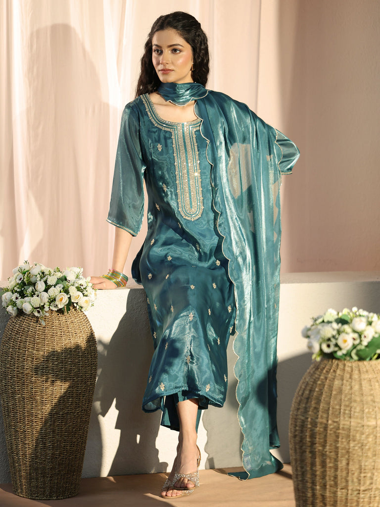 Gerua Teal Ethnic Embroidered Tissue Straight Suit Set