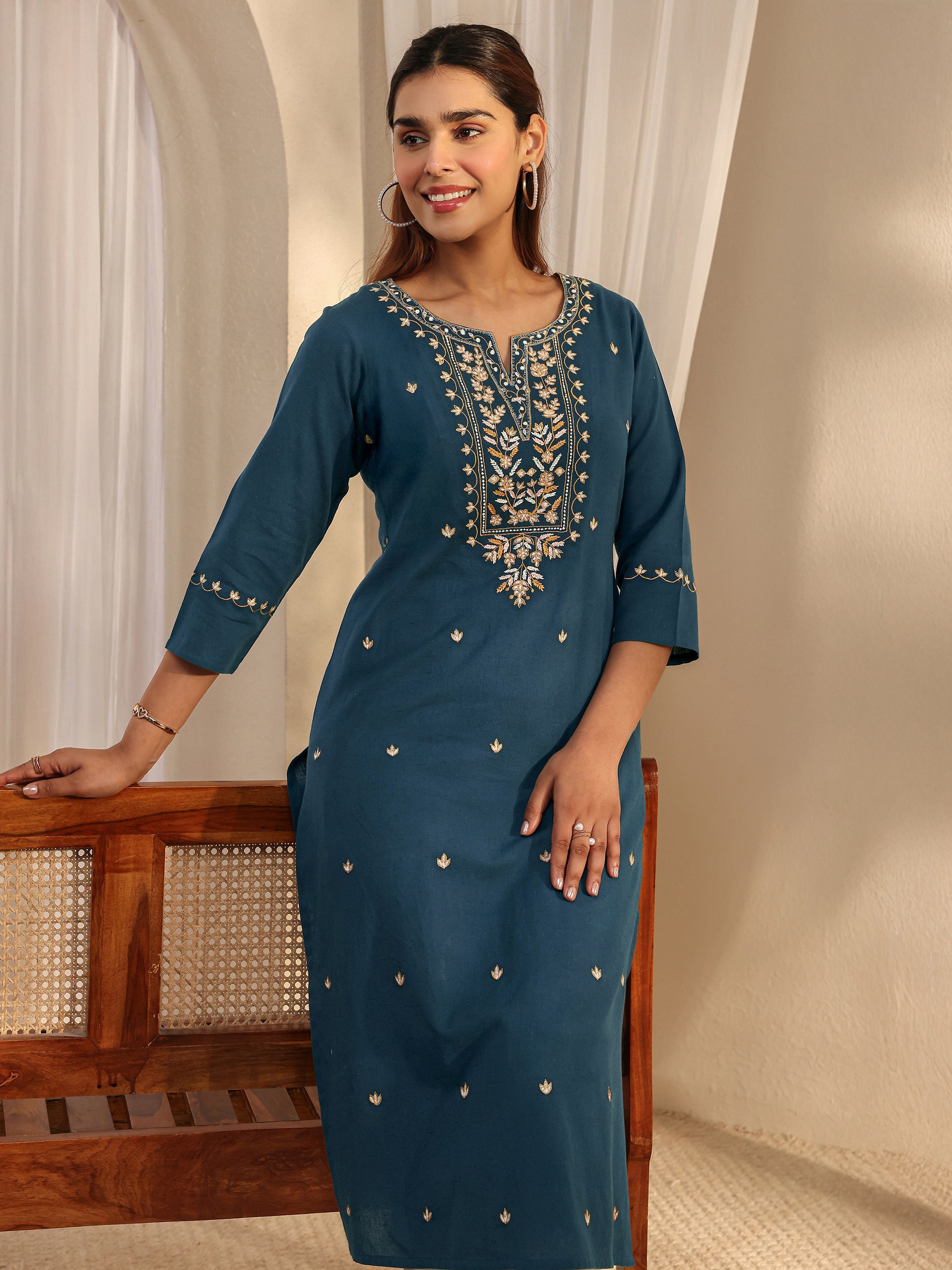 libas Teal Ethnic Motif Embroidered Cotton Straight Kurta-picture-46