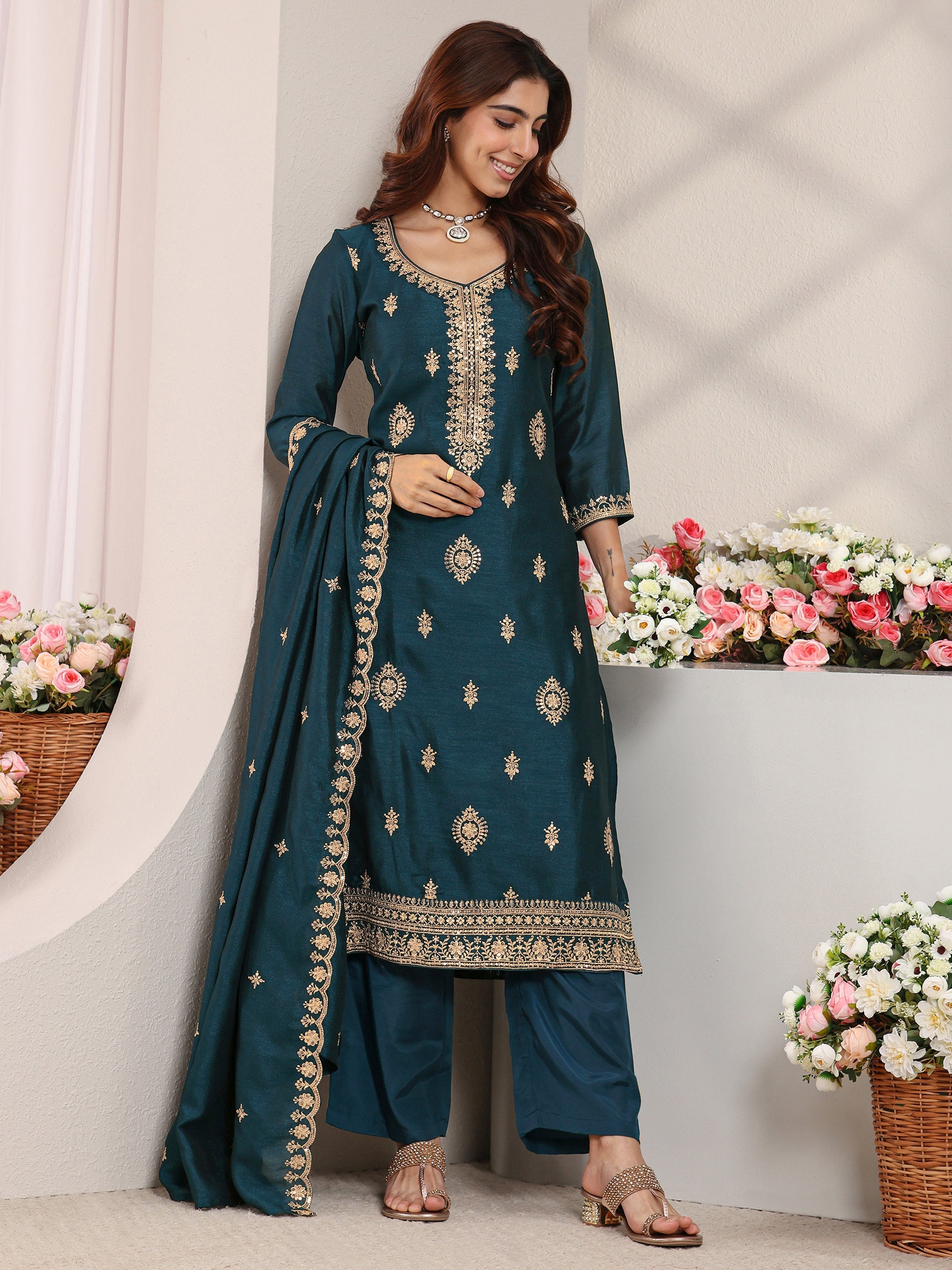 libas Teal Ethnic Motifs Embroidered Silk Blend Straight Suit Set With Dupatta-picture-40