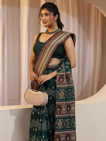 Teal Ethnic Print Silk Blend Bomkai Saree
