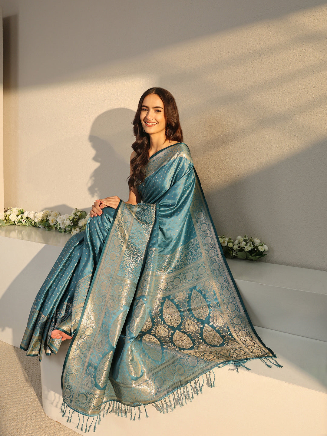 Libas Teal Ethnic Woven Design Silk Blend Saree With Unstitched Blouse Piece