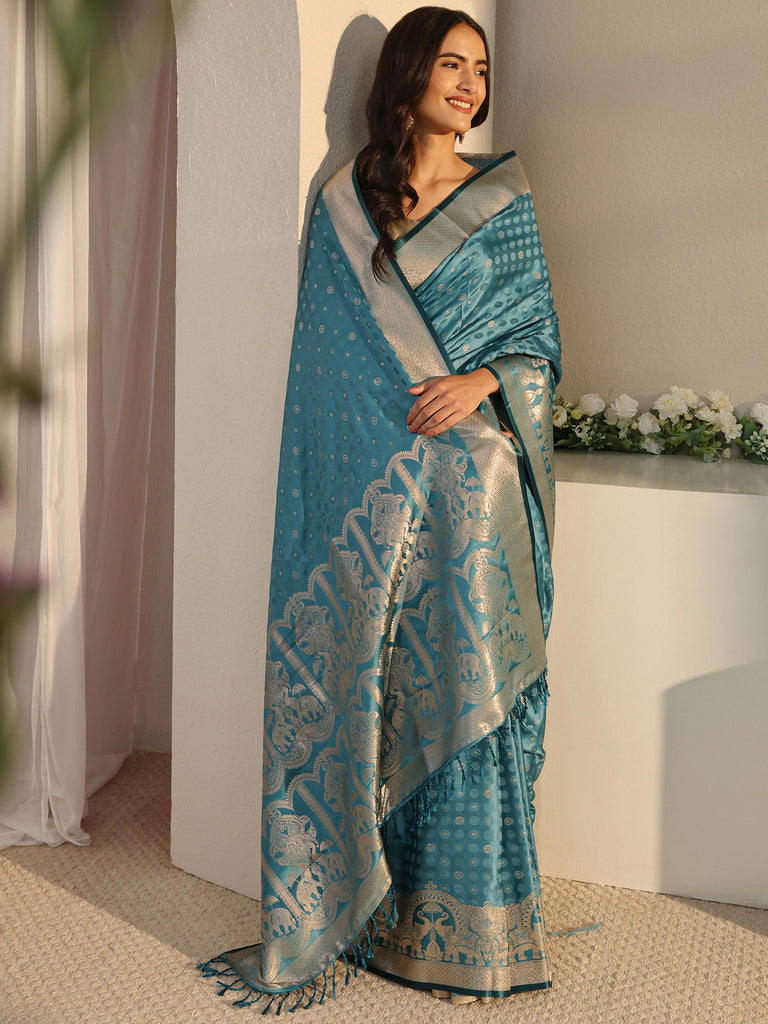 Libas Teal Ethnic Woven Design Silk Blend Saree With Unstitched Blouse Piece