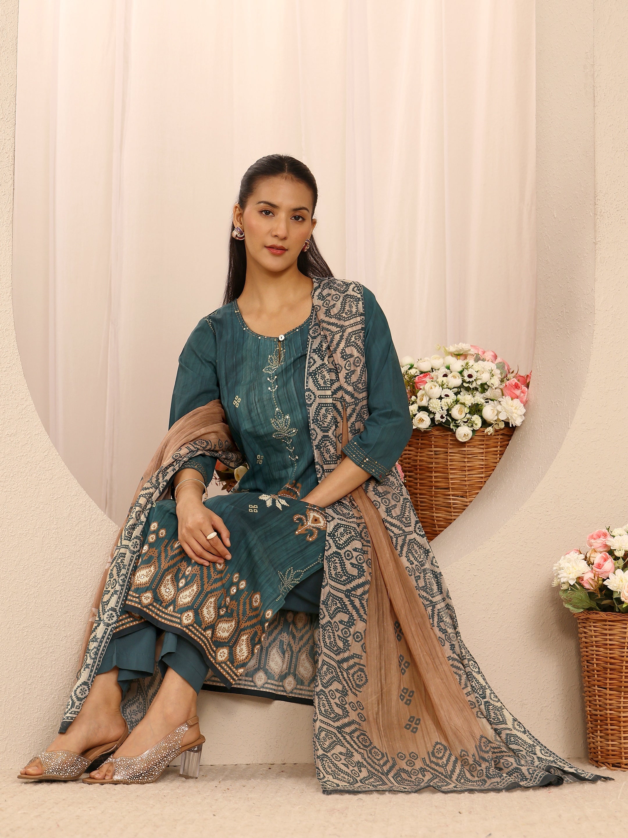 Teal Floral Embellished Cotton Blend Straight Suit Set With Dupatta-image-36