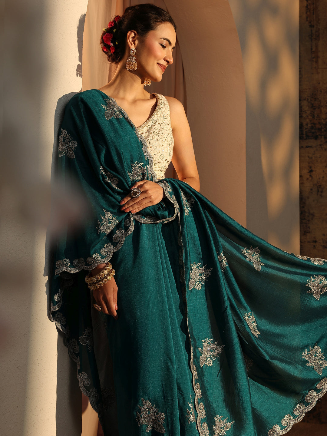  Teal Floral Embroidered Silk Blend Saree With Unstitched Blouse Piece 