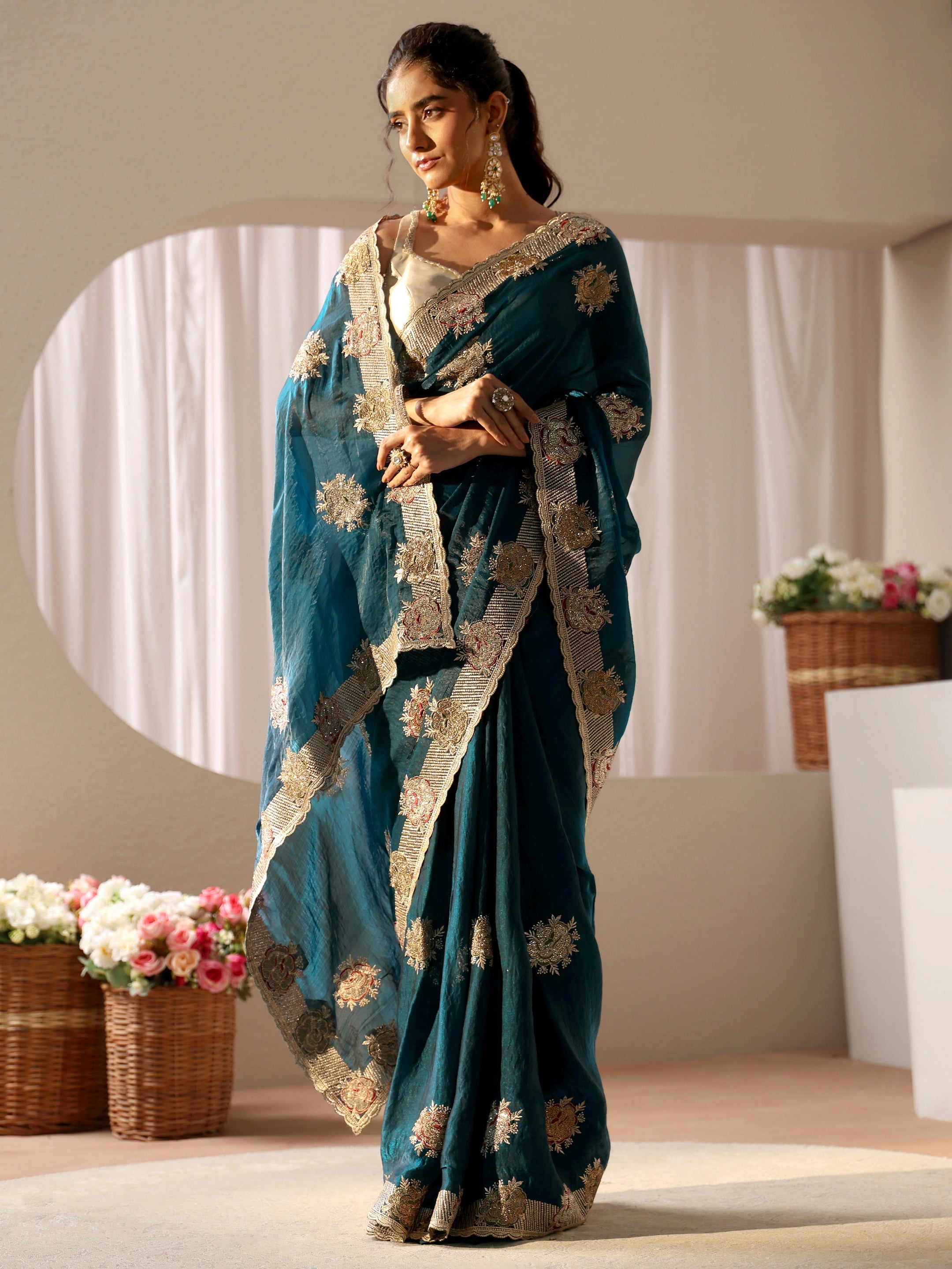 libas Teal Floral Embroidered Tissue Saree-picture-61