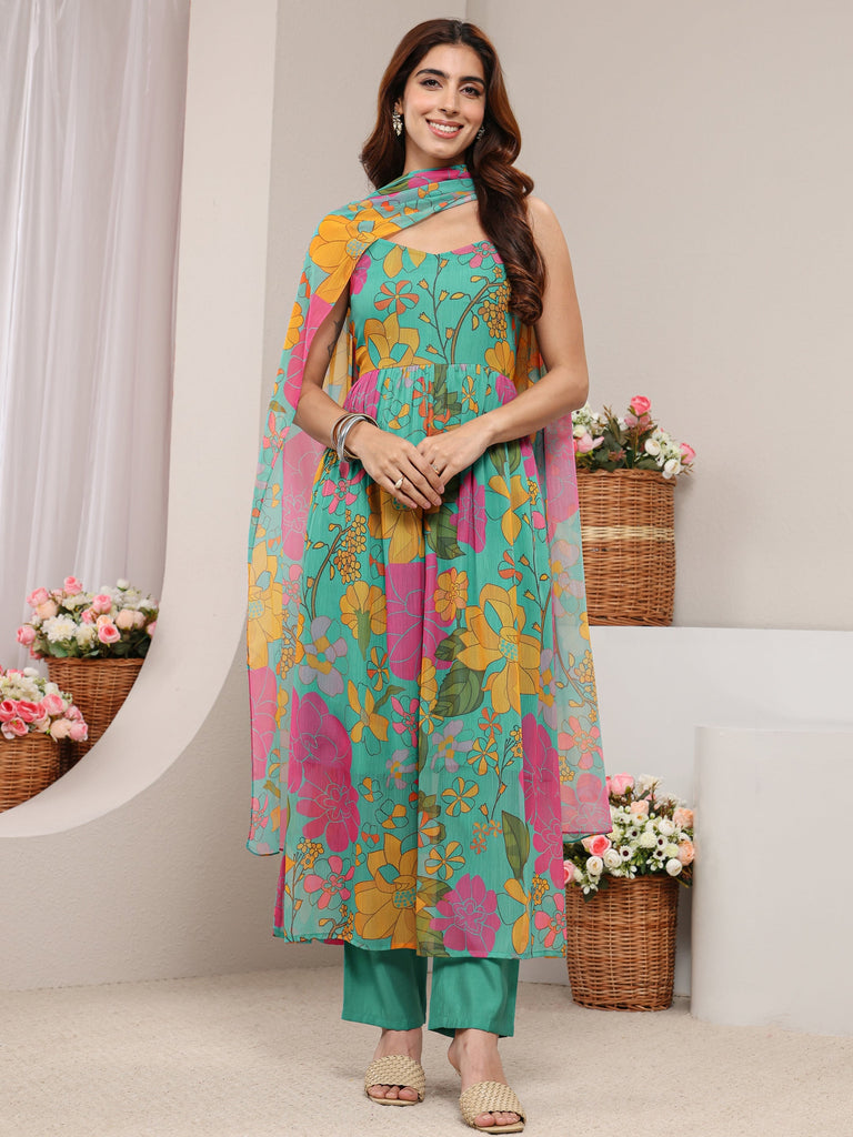 Libas Teal Floral Printed Chiffon A-line Suit Set with Dupatta