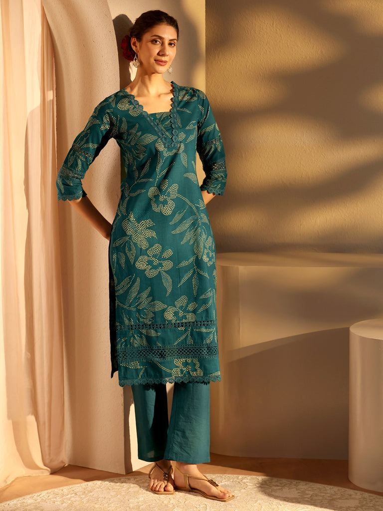 Libas Teal Floral Printed Cotton Straight Kurta Set