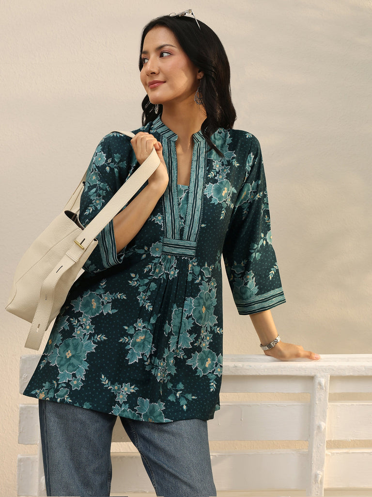 Libas Teal Floral Printed Silk Blend Straight Short Kurti