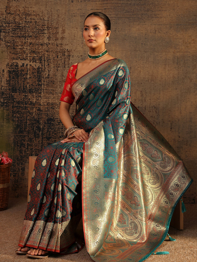 Libas Teal Floral Woven Design Silk Blend Saree With Unstitched Blouse Piece