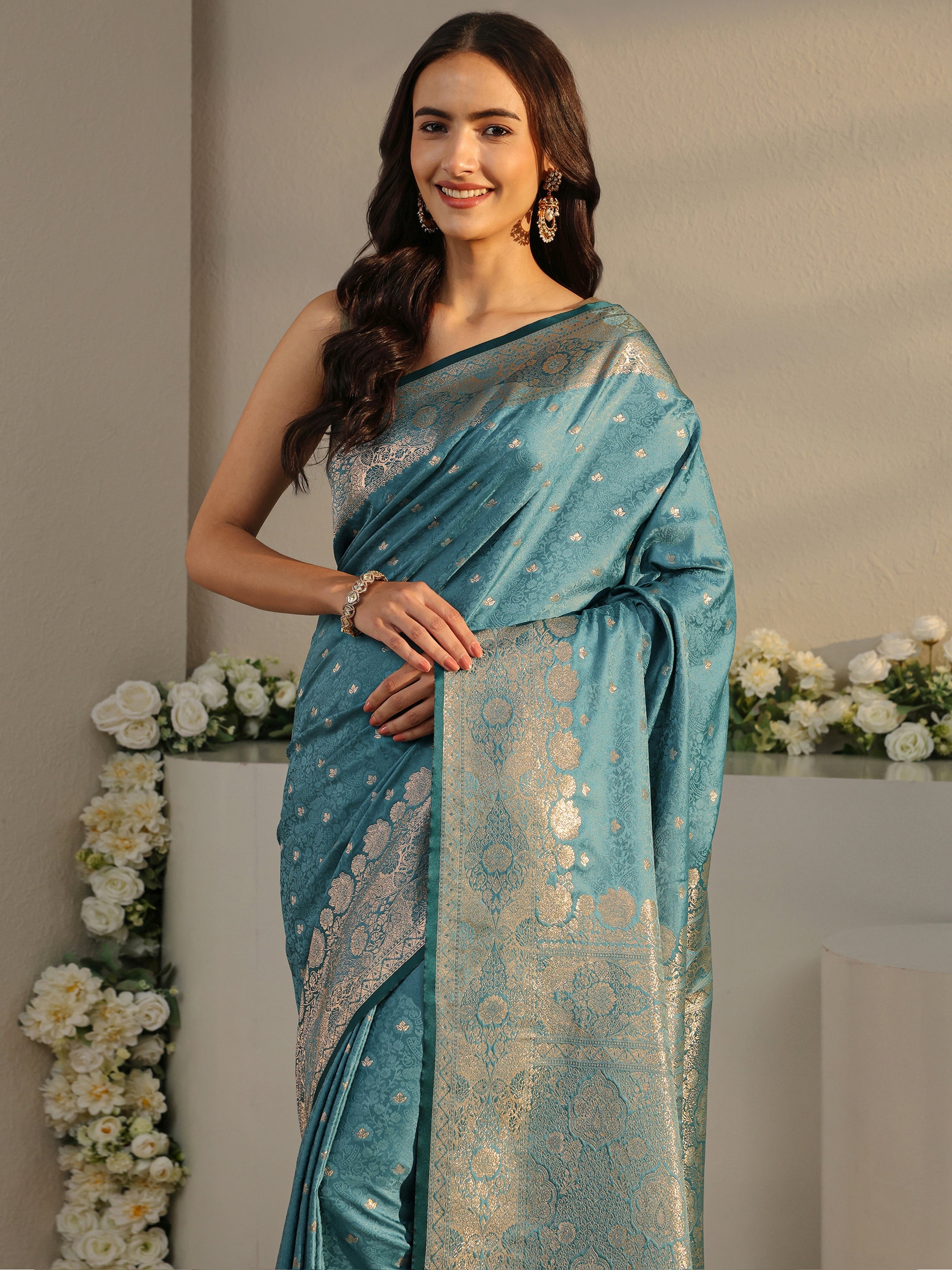 libas Teal Floral Woven Design Silk Blend Saree With Unstitched Blouse Piece-picture-68