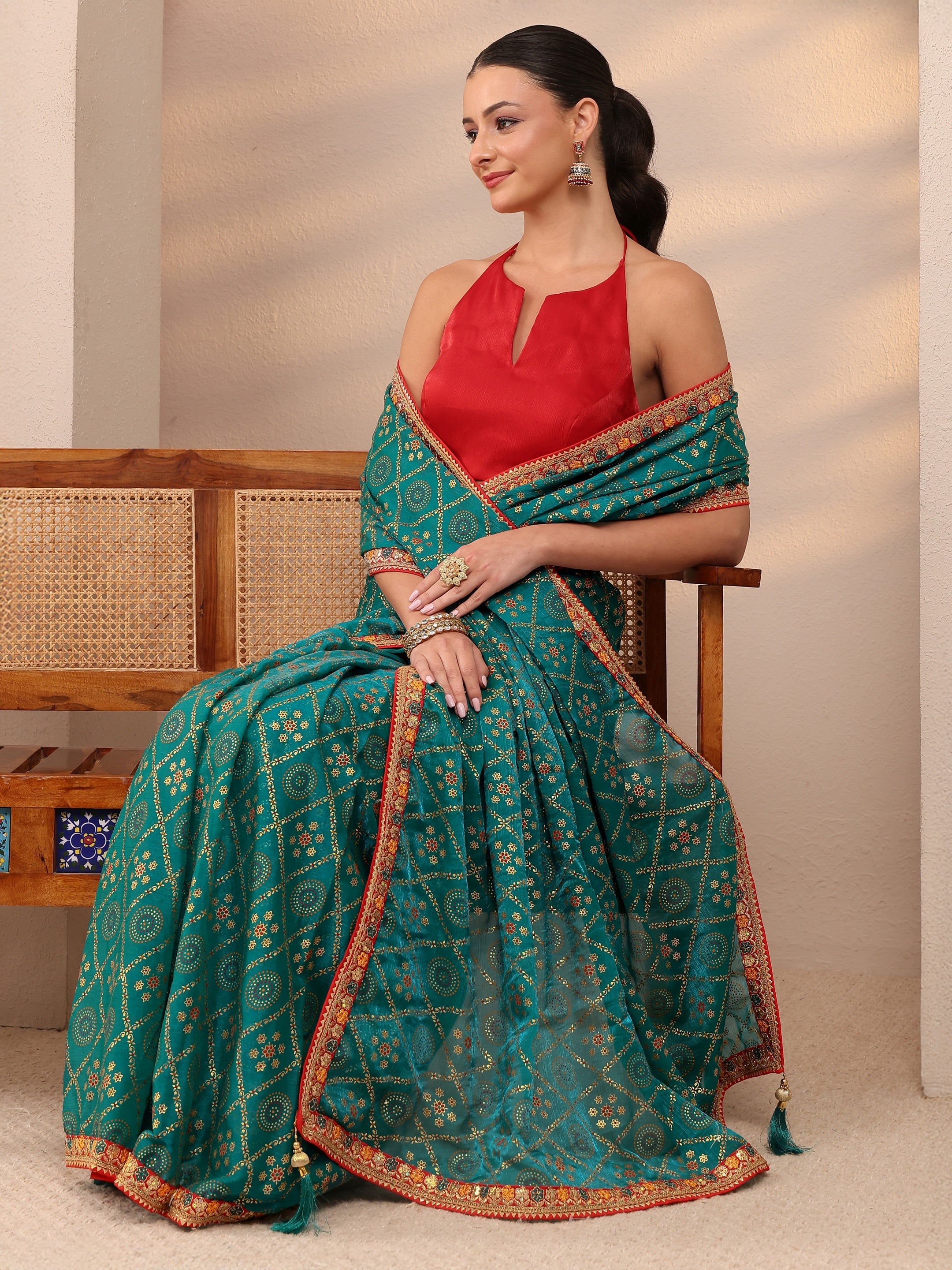 Teal Green Gharchola Embellished Silk Blend Saree With Unstitched Blouse Piece-image-31