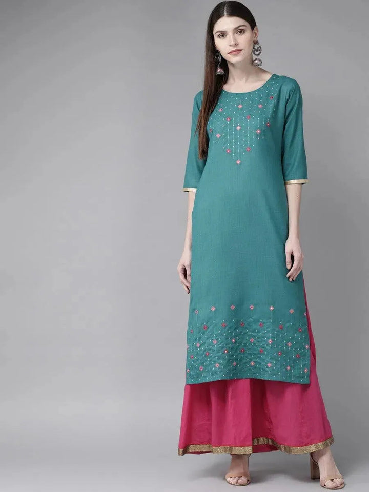 Teal Green Mirror Work Cotton Kurta - Libas