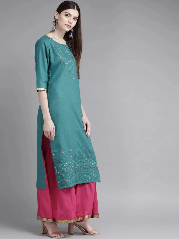 Teal Green Mirror Work Cotton Kurta - Libas