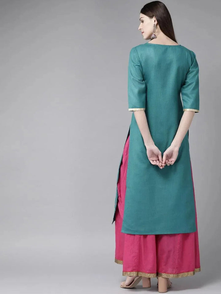 Teal Green Mirror Work Cotton Kurta - Libas