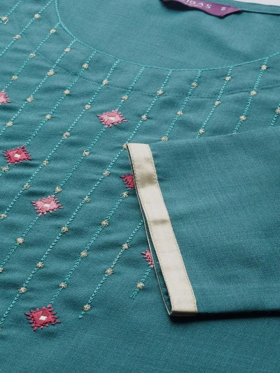 Teal Green Mirror Work Cotton Kurta - Libas 
