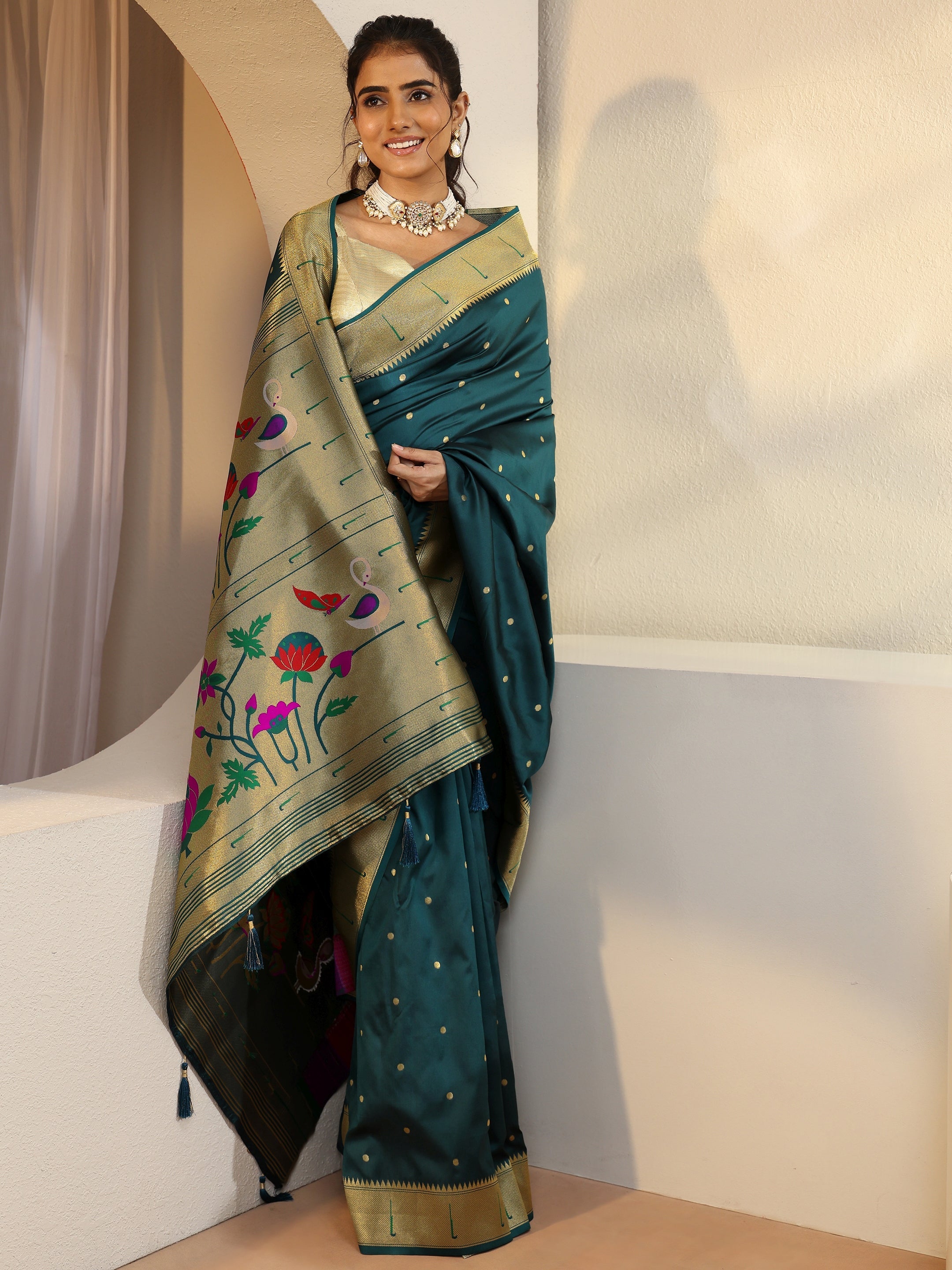 Teal Green Silk Blend Paithani Saree-image-30