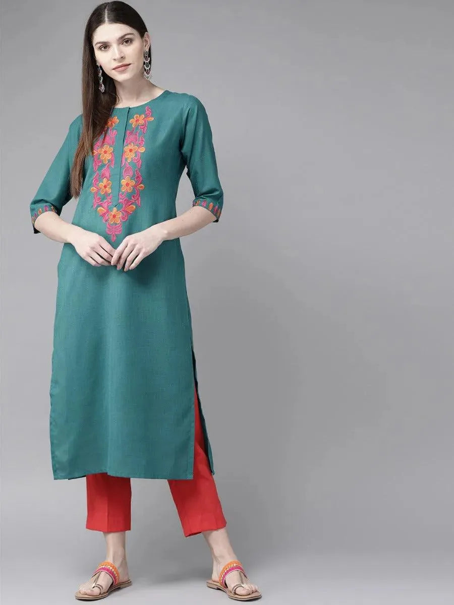 Teal Green Yoke Design Cotton Kurta - Libas