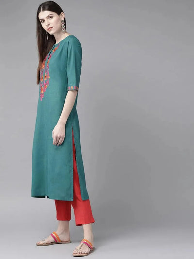 Teal Green Yoke Design Cotton Kurta - Libas