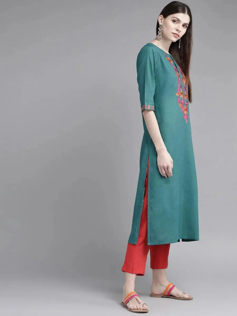 Teal Green Yoke Design Cotton Kurta - Libas