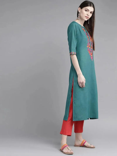 Teal Green Yoke Design Cotton Kurta - Libas