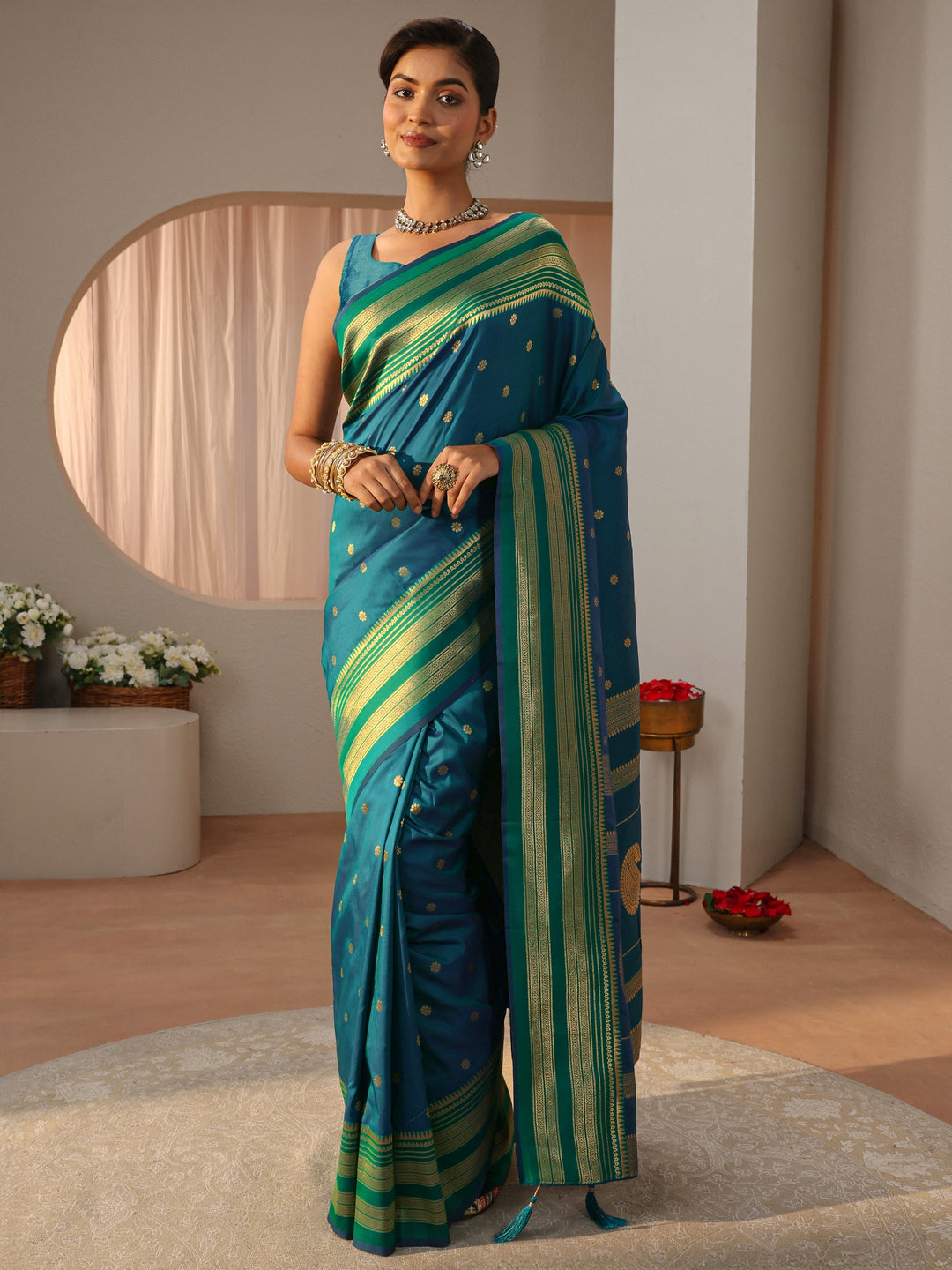  Teal Kanjeevaram Silk Blend Saree 
