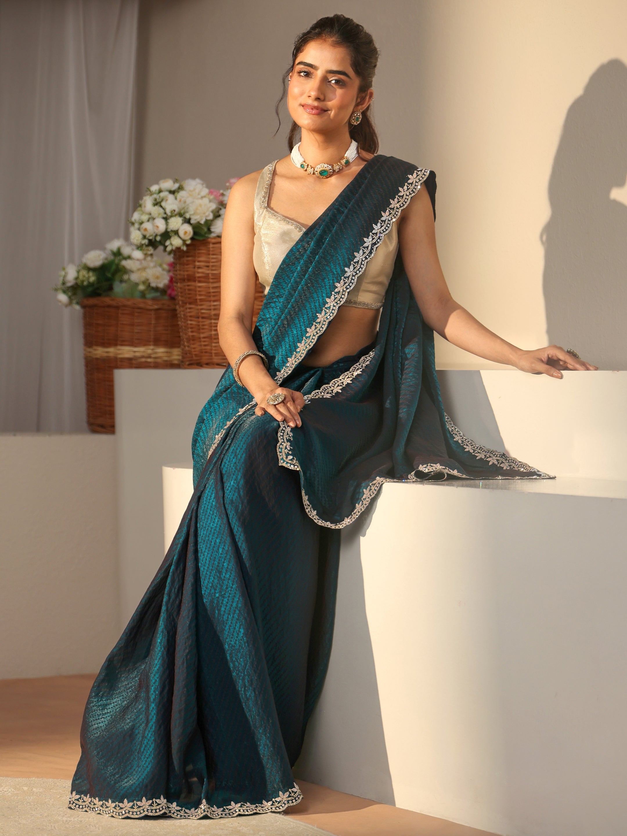 libas Teal Leheriya Printed Tissue Saree-picture-60