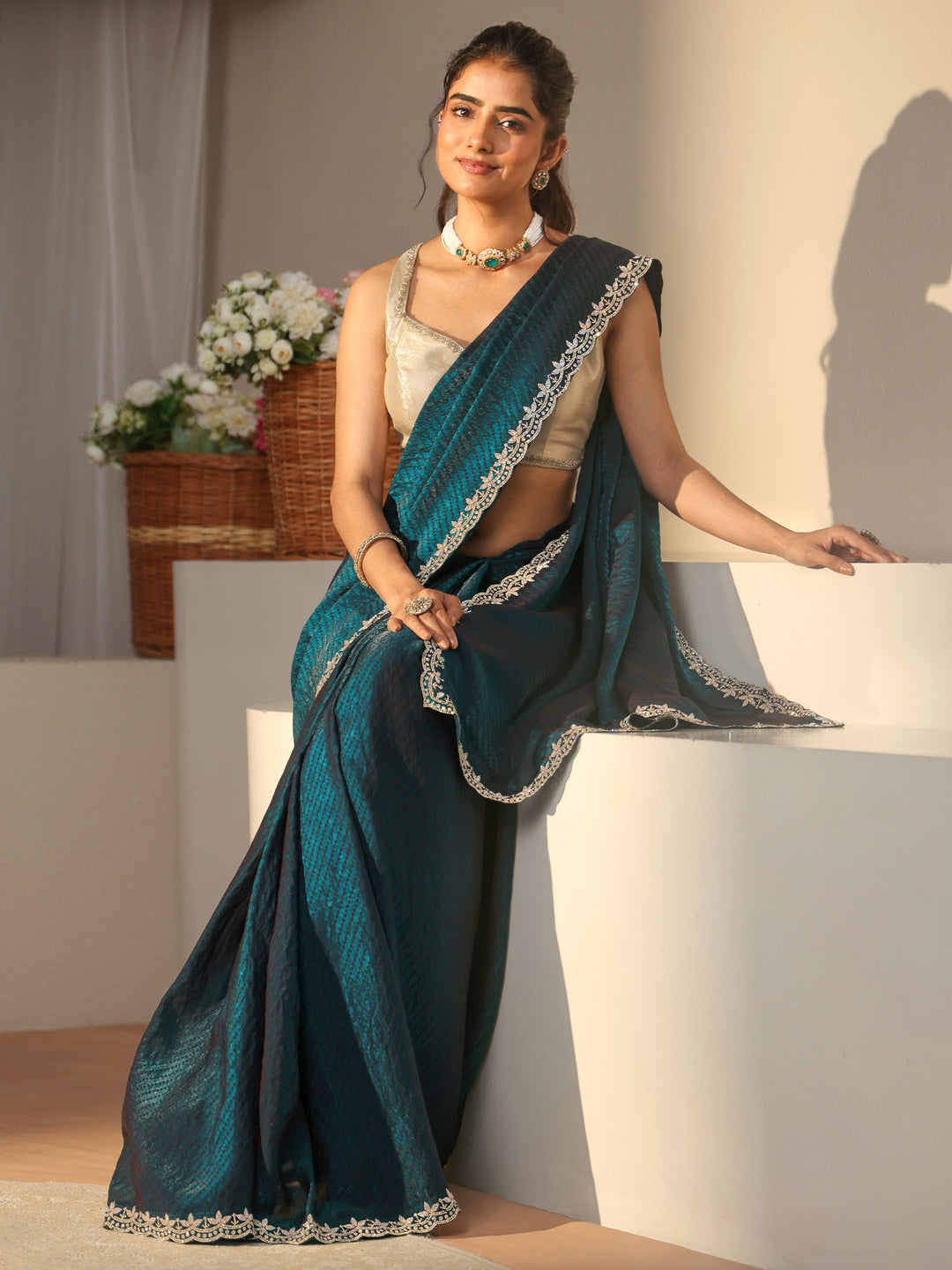  Teal Leheriya Printed Tissue Saree 