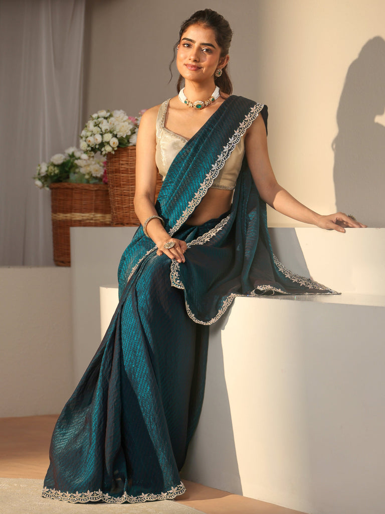 Libas Teal Leheriya Printed Tissue Saree