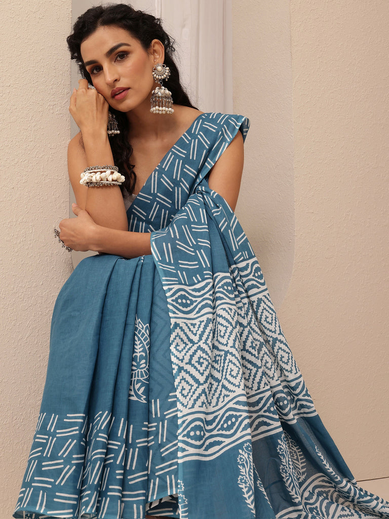 Libas Teal Paisley Printed Cotton Saree With Unstitched Blouse Piece