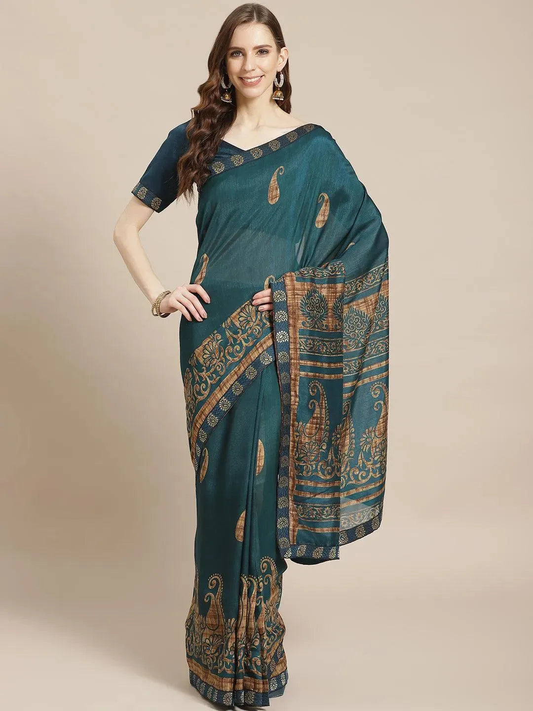 Teal Printed Chiffon Saree - Libas 