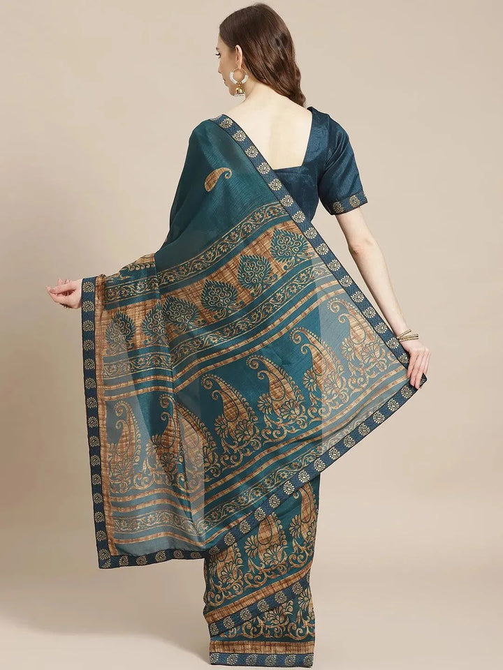 Teal Printed Chiffon Saree - Libas