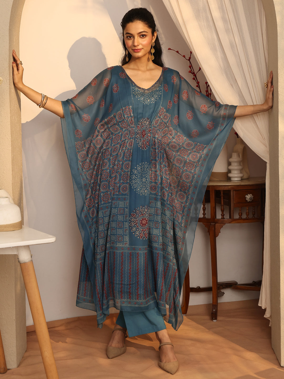 Teal  Printed Chiffon Kaftan Kurta Set