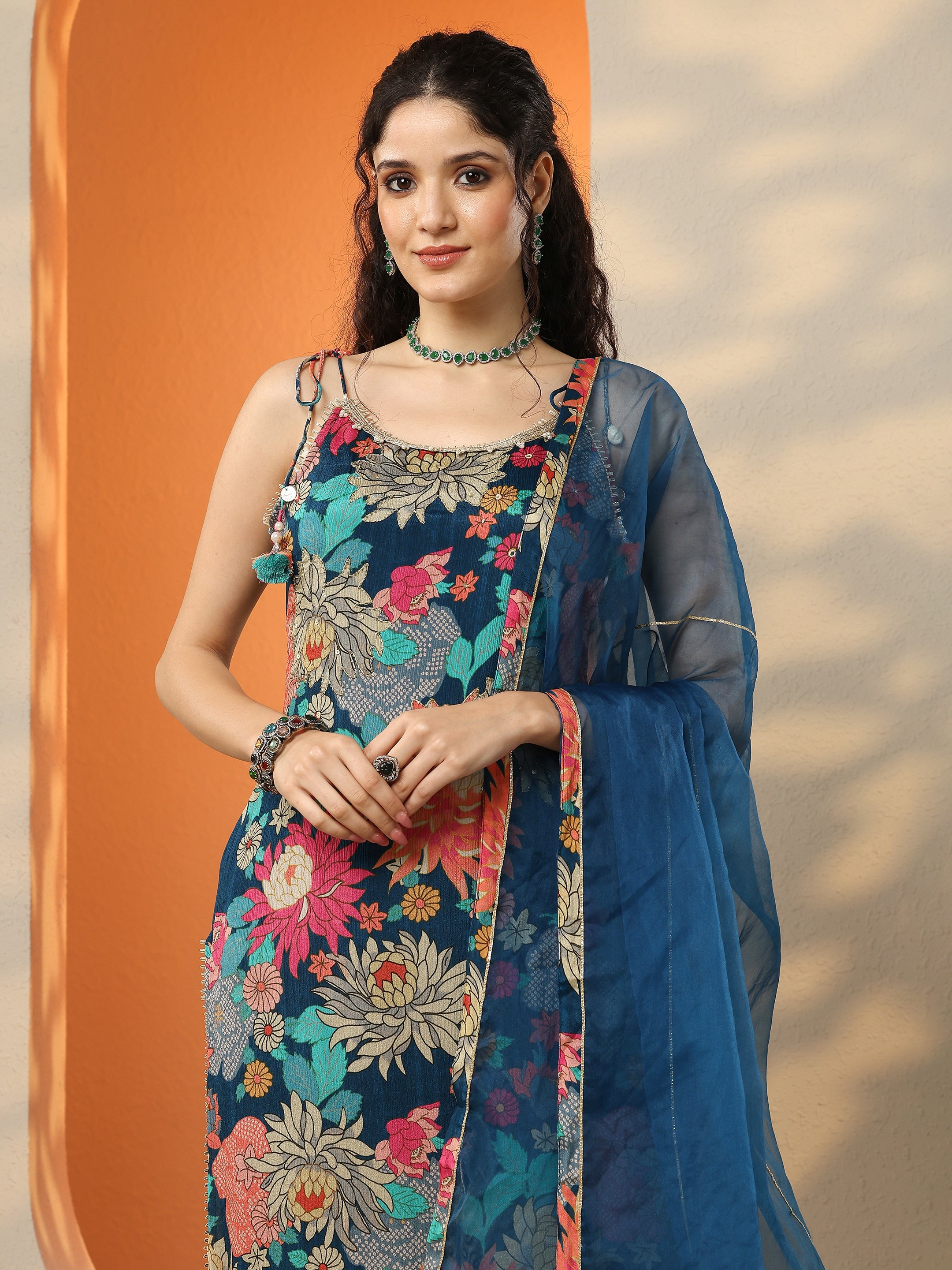 libas Teal Printed Chinon Straight Suit Set With Dupatta-picture-32