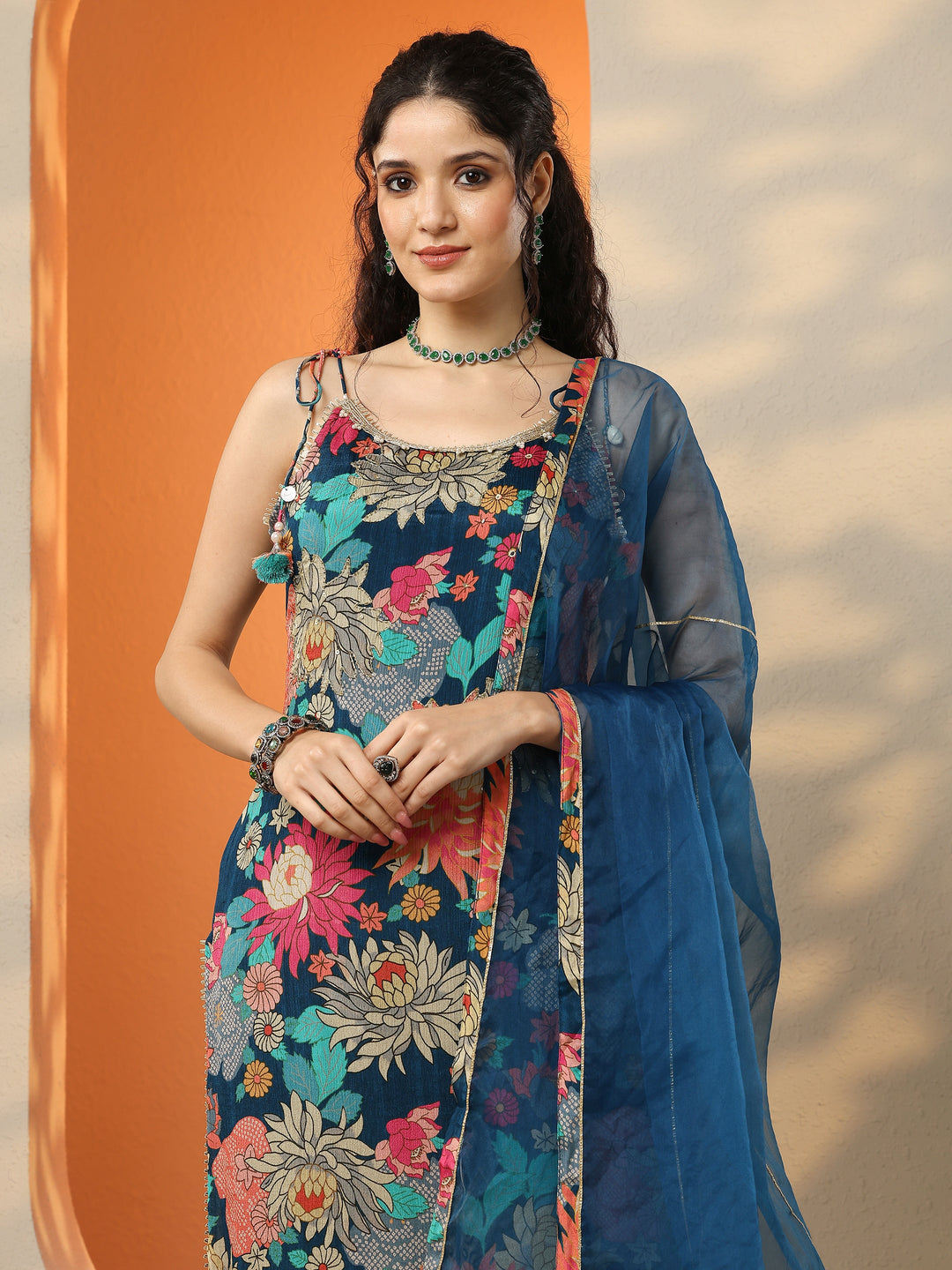 Teal Printed Chinon Straight Suit Set With Dupatta