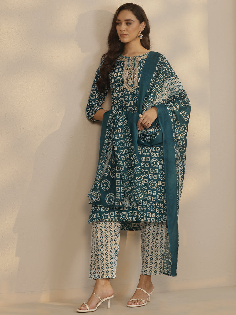 Libas Teal Printed Cotton Blend Straight Suit Set With Dupatta