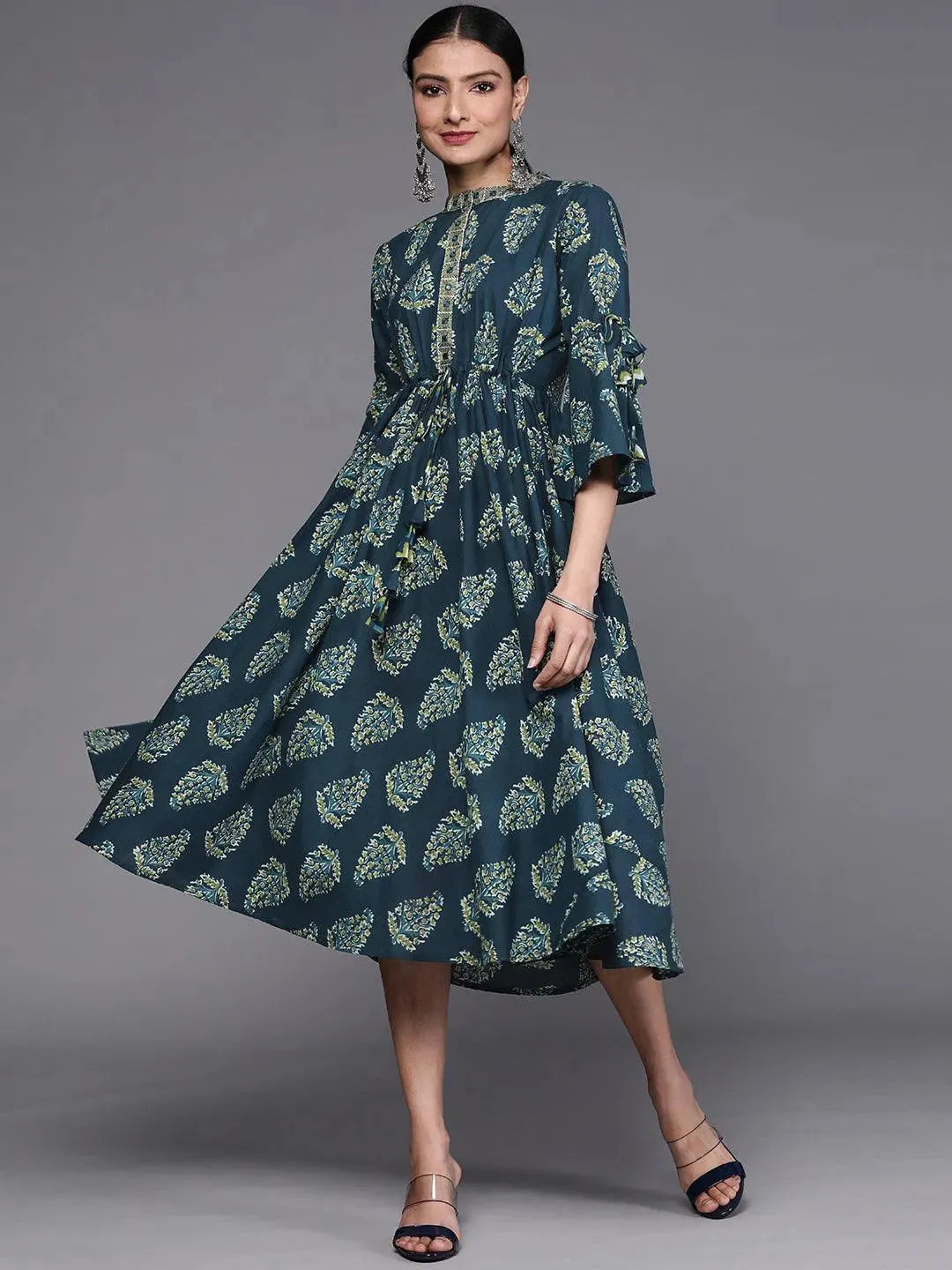 Teal Printed Cotton Dress - Libas